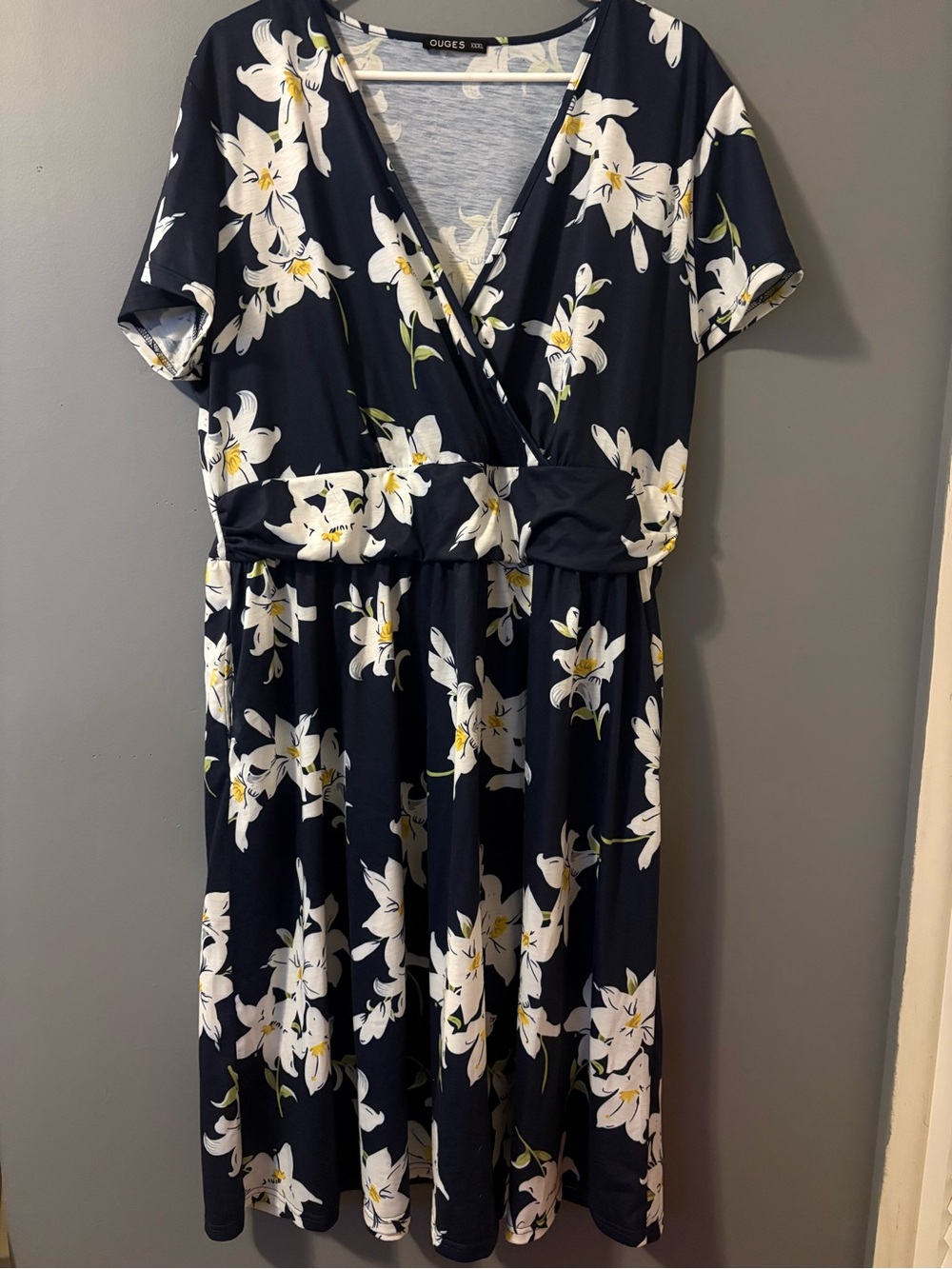 Navy Floral Wrap Midi Dress with White Lily Print